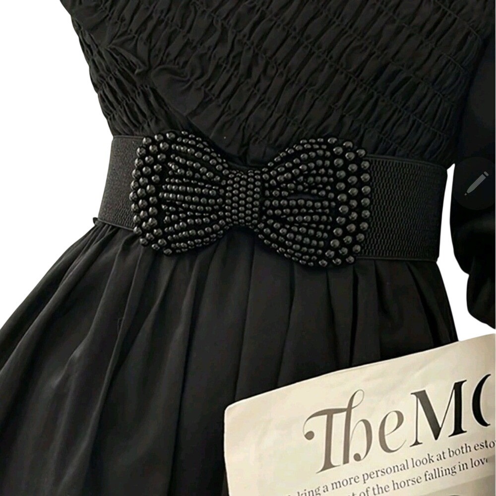 Beaded Bow Belt Elastic Waistband Black Dress Belt Women's Fashion Accessory